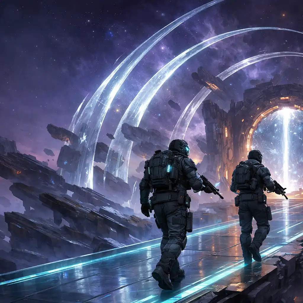 Eredeti kooperatív sci-fi illusztráció két névtelen harcossal egy fénylő közös útvonalon