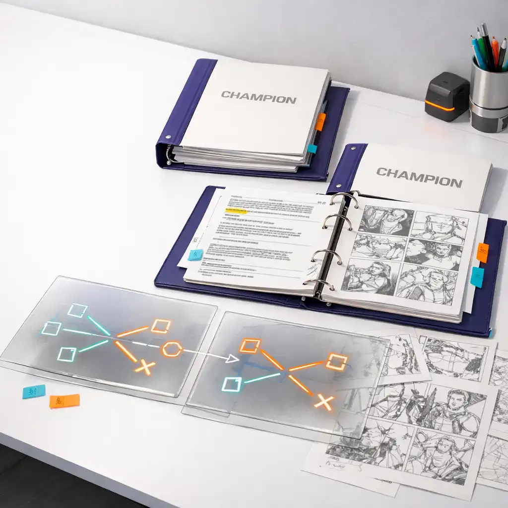 Világos szerkesztőségi archive desk nyitott dossziékkal és absztrakt harci diagramokkal