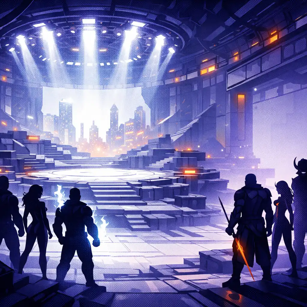 Eredeti sci-fi arénaillusztráció névtelen harcosokkal és monumentális platformokkal